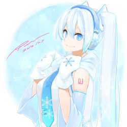 Rule 34 | 10s, 1girl, 2012, blue eyes, blue hair, dated, detached sleeves, hatsune miku, highres, long hair, looking at viewer, matching hair/eyes, mittens, necktie, poaro, signature, smile, snowflakes, solo, twintails, vocaloid, yuki miku