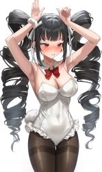 Rule 34 | 1girl, absurdres, armpits, arms up, black hair, blush, bow, bowtie, breasts, celestia ludenberg, cleavage, covered navel, danganronpa: trigger happy havoc, danganronpa (series), detached collar, drill hair, fake tail, frilled leotard, frills, gluteal fold, hair ornament, highres, jjuha6, large breasts, leotard, long hair, looking to the side, mole, mole under eye, pantyhose, playboy bunny, rabbit pose, rabbit tail, red bow, red bowtie, red eyes, sidelocks, solo, strapless, strapless leotard, sweat, tail, thigh gap, thighband pantyhose, twin drills, twintails, white leotard
