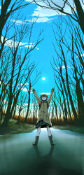 Rule 34 | 1girl, arms up, bare tree, blush, boots, cloud, coat, day, forest, isobe toast, long image, mittens, morning, nature, o/, outdoors, outstretched arms, scenery, serious, sky, solo, sun, tall image, tree