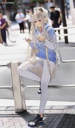 Rule 34 | 1girl, absurdres, against railing, alternate costume, arknights, black footwear, blue hoodie, brown eyes, casual, cellphone, closed mouth, cup, day, disposable cup, grey hair, highres, holding, holding cup, holding phone, hood, hood down, hoodie, leg up, long hair, long sleeves, looking at viewer, lufi ays, nail polish, outdoors, pants, people, phone, railing, red nails, road, shining (arknights), shoes, smartphone, sneakers, solo focus, standing, standing on one leg, straight hair, street, striped clothes, striped pants, vertical-striped clothes, vertical-striped pants, very long hair, white pants