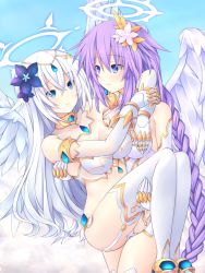 Rule 34 | 2girls, angel, angel wings, armlet, black heart (neptunia), blue eyes, blush, braid, breasts, carrying, cleavage, feathered wings, flower, four goddesses online: cyber dimension neptune, garter straps, gloves, grey hair, hair flower, hair ornament, halo, jewelry, joney, large breasts, leotard, long hair, looking at another, multiple girls, neptune (series), panties, princess carry, purple hair, purple heart (neptunia), smile, symbol-shaped pupils, underwear, very long hair, white gloves, white legwear, white panties, white wings, wings