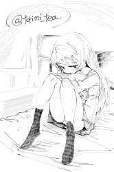 Rule 34 | 10s, 1girl, bed, commentary request, curtains, girls und panzer, greyscale, hairband, inn, knees together feet apart, knees up, lamp, long hair, looking at viewer, monochrome, hugging object, on bed, ooarai school uniform, panties, pantyshot, pillow, pillow hug, pleated skirt, reizei mako, school uniform, serafuku, sitting, sketch, skirt, socks, solo, text focus, torichamaru, translation request, triangle mouth, twitter username, underwear, white background, white panties, window