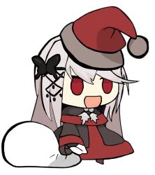Rule 34 | 1girl, absurdres, artist request, azur lane, black gloves, butterfly hair ornament, capelet, chibi, christmas, dress, dunkerque (azur lane), full body, fur-trimmed capelet, fur-trimmed dress, fur-trimmed headwear, fur trim, gloves, hair between eyes, hair ornament, hat, highres, holding, holding sack, holly, long hair, meme, open mouth, padoru (meme), red capelet, red eyes, red hat, sack, santa costume, santa dress, santa hat, simple background, solo, white background
