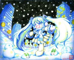 Rule 34 | 1girl, aqua hair, building, chibi, dated, fur trim, gloves, hatsune miku, headphones, jora (joraemon), lamppost, leaf, long hair, mittens, necktie, night, night sky, no nose, open mouth, outstretched arms, pleated skirt, scarf, signature, skirt, sky, snow, snow rabbit, snowing, snowman, solo, spread arms, very long hair, vocaloid