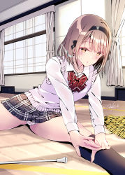 Rule 34 | 1girl, black ribbon, blush, bow, bowtie, brown eyes, brown hair, collared shirt, commentary request, crotch seam, curtains, exercising, feet out of frame, hair ribbon, headband, highres, kneehighs, kobayashi chisato, leaning forward, long sleeves, looking at viewer, looking down, on floor, original, panties, pantyshot, plaid, plaid skirt, pleated skirt, red bow, red bowtie, revision, ribbon, school uniform, shirt, short hair, signature, sitting, skirt, socks, solo, spread legs, stretching, sweat, sweater vest, thighhighs, thighs, underwear, white panties, white shirt