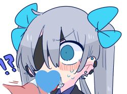Rule 34 | !?, 1boy, blue bow, blue eyes, blue shirt, blush, bow, censored, collared shirt, commentary, cum, cum in mouth, earrings, eyepatch, formal, furrowed brow, grey hair, hair between eyes, hair bow, heart, heart censor, highres, jewelry, long hair, looking at another, low twintails, male focus, one eye covered, op na yarou, open mouth, original, penis, quad tails, rigel (op na yarou), shirt, simple background, solo focus, suit, surprised, sweat, tongue, tongue out, trap, twintails, white background, wide-eyed