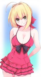 Rule 34 | 10s, 1girl, bad id, bad pixiv id, blonde hair, braid, breasts, cleavage, cowboy shot, dress, enelis, fate/extella, fate/extra, fate (series), frilled dress, frills, green eyes, hair ribbon, looking at viewer, medium breasts, nero claudius (fate), nero claudius (fate) (all), nero claudius (fate/extra), official alternate costume, red dress, red ribbon, ribbon, smile, solo, spaghetti strap