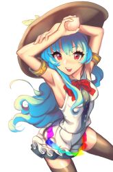 Rule 34 | 1girl, adapted costume, armband, armpits, arms up, bad id, bad pixiv id, blue hair, bow, breasts, brown thighhighs, cheong ha, eyebrows, food, frilled skirt, frills, fruit, hand on own arm, hat, hinanawi tenshi, holding, holding food, holding fruit, long hair, looking at viewer, microskirt, peach, red eyes, shiny clothes, shiny skin, shirt, simple background, skirt, sleeveless, sleeveless shirt, smile, solo, teeth, thighhighs, thighs, tongue, touhou, very long hair, white background, white shirt, white skirt, zettai ryouiki