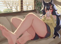 Rule 34 | 1girl, absurdres, animal ears, bare legs, bare shoulders, barefoot, black hair, blush, breasts, cleavage, commentary request, couch, cup, dappled sunlight, drinking, feet, hair ornament, hairclip, highres, hololive, indoors, kajitsu no hito, leg focus, long hair, medium breasts, mug, multicolored hair, off-shoulder sweater, off shoulder, on couch, ookami mio, reclining, shorts, soles, solo, streaked hair, sunlight, sweater, very long hair, virtual youtuber, window, window blinds, wolf ears, wolf girl, yellow eyes, yellow sweater