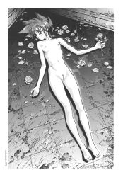 Rule 34 | 1990s (style), 1girl, barefoot, breasts, cleft of venus, dithering, expressionless, eyelashes, flower, full body, greyscale, highres, holding, holding flower, key the metal idol, looking at viewer, lying, mima tokiko, miyakawa hajime, monochrome, navel, nipples, nude, on back, on floor, petals, pussy, retro artstyle, rose, rose petals, small breasts, solo, spiked hair, tile floor, tiles, uncensored