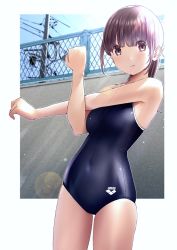 Rule 34 | 1girl, arm across chest, bad id, bad pixiv id, bare legs, bare shoulders, blue one-piece swimsuit, blue sky, blush, breasts, brown eyes, brown hair, chain-link fence, chikuwa (odennabe), closed mouth, cloud, commentary request, competition school swimsuit, covered navel, cowboy shot, day, fence, hair between eyes, long hair, looking at viewer, medium breasts, one-piece swimsuit, original, power lines, school swimsuit, sky, solo, standing, stretching, swimsuit, utility pole