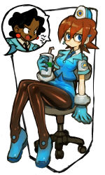 Rule 34 | 2girls, absurdres, blue eyes, blue footwear, blue gloves, blue neckwear, blue skirt, breasts, brown hair, chair, cup, dakusuta, denise marmalade (mega man), drink, drinking glass, drinking straw, earrings, fish earrings, full body, glasses, gloves, hair between eyes, hat, highres, holding, holding drink, jewelry, knees together feet apart, looking at viewer, mega man (series), mega man legends (series), miniskirt, multiple girls, necktie, office chair, pantyhose, police, police uniform, shiny clothes, shiny legwear, shoes, short hair, short sleeves, sitting, skirt, solo focus, spiked hair, swivel chair, uniform, white background