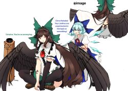 Rule 34 | 2girls, absurdres, black gloves, black thighhighs, blue eyes, blue hair, bow, brown hair, cirno, commentary request, cosmos 0131, elbow gloves, english text, feathered wings, gloves, green bow, hair bow, highres, long hair, multiple girls, red eyes, reiuji utsuho, shirt, single glove, thighhighs, touhou, very long hair, white background, white shirt, wings