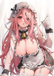Rule 34 | 1girl, :o, apron, banned artist, bell, breasts, cleavage, commentary request, elbow gloves, garter straps, gloves, hair between eyes, hanging breasts, hat, highres, large breasts, long hair, looking at viewer, maid, maid apron, mob cap, neck bell, open mouth, original, parsley-f, pink hair, pointy ears, red eyes, solo, thighhighs, thighs, very long hair, white gloves, white thighhighs