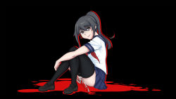 Rule 34 | 1girl, absurdres, ayano aishi, black eyes, black footwear, black hair, black thighhighs, blood, blood on face, bloody weapon, blue skirt, empty eyes, eora, full body, grin, hair between eyes, highres, holding, holding knife, holding weapon, knees up, knife, loafers, long hair, looking at viewer, looking to the side, neckerchief, no pants, outline, parted bangs, pleated skirt, ponytail, red neckerchief, school uniform, serafuku, shoes, short sleeves, simple background, sitting, skirt, smile, solo, thighhighs, wallpaper, weapon, yandere, yandere simulator