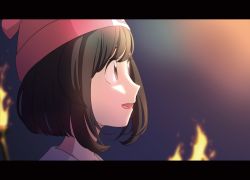 Rule 34 | 1girl, beanie, black hair, brown eyes, creatures (company), from side, game freak, hat, letterboxed, looking at another, night, night sky, nintendo, pokemon, pokemon sm, ruidusxyq, selene (pokemon), sky, torch, upper body