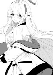 Rule 34 | 1girl, blue archive, book, from side, greyscale, halo, headphones, highres, holding, holding book, jacket, long hair, long sleeves, looking at viewer, looking to the side, marurumaru00, monochrome, noa (blue archive), off shoulder, open mouth, shirt, simple background, skirt, smile, solo, very long hair, white background, white shirt