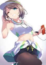 Rule 34 | 1girl, absurdres, adjusting earphones, apple inc., black pantyhose, black shorts, blue eyes, cellphone, clothes around waist, commentary request, crop top, drawstring, grey hair, grin, highres, holding, holding phone, jacket, jacket around waist, pantyhose under shorts, looking at viewer, love live!, love live! school idol festival, love live! sunshine!!, midriff, navel, one eye closed, pantyhose, phone, short hair, short shorts, shorts, smartphone, smile, solo, sweat, visor cap, watanabe you, watch, wristwatch, yamaori (yamaorimon)