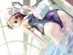 Rule 34 | 1girl, arm support, ass, bent over, braid, breasts, brown hair, dutch angle, floatie, flotation aid, from behind, green eyes, head wings, indoors, komatsu eiji, ladder, long hair, looking back, one-piece swimsuit, pool, pool ladder, school swimsuit, shiny clothes, sideboob, signature, small breasts, solo, swim cap, swimsuit, twin braids, wading, wallpaper, water, wet, winged hat, wings