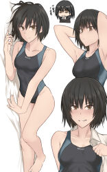 Rule 34 | 1girl, amagami, armpits, arms behind head, arms up, bare shoulders, barefoot, black hair, black one-piece swimsuit, breasts, brown eyes, buredoruko kou, closed mouth, commentary request, competition swimsuit, highres, kibito high school uniform, looking at viewer, lying, medium breasts, nanasaki ai, on side, one-piece swimsuit, school uniform, short hair, smile, swimsuit, translation request
