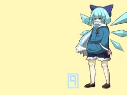 Rule 34 | 1girl, alternate costume, blue eyes, blue hair, blush, bow, cable, casual, circled 9, cirno, contemporary, covered mouth, digital media player, female focus, ipod, jacket, legs apart, matching hair/eyes, melonpan (artist), perfect cherry blossom, scarf, short hair, shorts, simple background, solo, standing, touhou, wings, yellow background