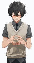 Rule 34 | 1boy, akagiasami, beige vest, black hair, black necktie, blush, closed mouth, crossed bangs, fingers together, grey background, grey shirt, hair between eyes, highres, looking to the side, male focus, mole, mole under mouth, necktie, original, red eyes, shirt, short sleeves, simple background, solo, sweat, upper body, vest