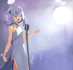 Rule 34 | 1girl, 4boys, blue dress, blue eyes, blue hair, bracelet, cowboy shot, crowd, dress, evening gown, fins, fish tail, flipped hair, gawr gura, gold necklace, hair ornament, hand up, hololive, hololive english, indoors, jewelry, kitanxjk, light particles, microphone, microphone stand, multiple boys, music, necklace, one eye closed, open mouth, partially off-shoulder dress, shark hair ornament, shark tail, sharp teeth, side slit, sidelighting, sidelocks, singing, solo focus, stage lights, tail, teeth, thighs, vintage microphone, virtual youtuber