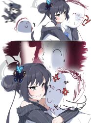 Rule 34 | !?, 1boy, 1girl, absurdres, anger vein, arms around neck, bare shoulders, black dress, black hair, blowing, blowing in ear, blue archive, blue eyes, blush, butterfly hair ornament, carrying, carrying person, chibi, chibi inset, china dress, chinese clothes, closed mouth, coat, collarbone, comic, doodle sensei (blue archive), double bun, dress, gen (unzzenasd), grin, hair bun, hair ornament, halo, highres, jacket, kisaki (blue archive), long sleeves, motion blur, motion lines, multiple views, off shoulder, open mouth, pelvic curtain, piggyback, pinstripe jacket, pinstripe pattern, print dress, sensei (blue archive), sleeveless, sleeveless dress, smile, striped clothes, striped coat, striped jacket, surprised, sweatdrop, teasing, vertical-striped clothes, vertical-striped coat, vertical-striped jacket