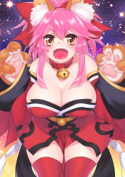 Rule 34 | 1girl, animal ears, bell, blush, breasts, cleavage, collar, fangs, fate/grand order, fate (series), female focus, fox ears, hair ribbon, large breasts, long hair, looking at viewer, neck bell, open mouth, pink hair, red thighhighs, ribbon, shirisensha, solo, star (symbol), starry background, tamamo (fate), tamamo cat (fate), tamamo cat (first ascension) (fate), tamamo no mae (fate/extra), thighhighs, yellow eyes