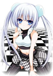 Rule 34 | 10s, 1girl, armor, bad id, bad pixiv id, bare shoulders, black thighhighs, blue eyes, breastplate, checkered clothes, checkered floor, checkered skirt, girlfriend (kari), girls century, highres, long hair, miss monochrome, miss monochrome (character), silver hair, skirt, smile, solo, star-shaped pupils, star (symbol), symbol-shaped pupils, thighhighs, twintails, very long hair, zettai ryouiki