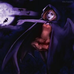 Rule 34 | 1girl, alternate costume, bat (animal), black cape, black hood, blood, breasts, brown pantyhose, cape, commentary, danganronpa (series), danganronpa v3: killing harmony, dress, highres, hood, hood up, hooded cape, looking up, moon, night, nika kapustka, outdoors, outstretched arm, pantyhose, pointy nose, red dress, red eyes, small breasts, solo, vampire, yumeno himiko