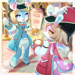 2girls :d absurdres aeval_(genshin_impact) aqua_coat blue_hat blue_vest bow bowtie bright_pupils brown_hair bubble buttons closed_mouth coat coffee coffee_mug commentary company_name copyright_name copyright_notice cream_puff crossed_bangs cup elphane_(genshin_impact) english_commentary food food_on_face genshin_impact hair_between_eyes hand_up hat heart highres holding holding_cup holding_plate looking_at_viewer medium_hair melusine_(genshin_impact) mug multiple_girls notice_lines official_art open_clothes open_coat open_mouth orange_eyes outside_border parted_bangs peaked_cap pink_bow pink_bowtie plate pocket purple_eyes red_coat red_hat shirt short_hair sign sleeve_cuffs smile standing stone_floor swept_bangs vest waving white_pupils white_shirt white_sleeves wings