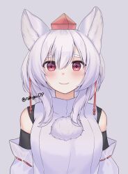 Rule 34 | 1girl, animal ears, artist name, bare shoulders, breasts, closed mouth, detached sleeves, grey background, hat, highres, inubashiri momiji, looking at viewer, medium breasts, red eyes, reikyuu09, ribbon-trimmed sleeves, ribbon trim, shirt, short hair, simple background, smile, solo, tareme, tokin hat, touhou, upper body, white hair, white shirt, white sleeves, wolf ears, wolf girl