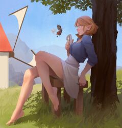 Rule 34 | 1girl, absurdres, against tree, bare legs, barefoot, bench, blonde hair, blue shirt, blue sky, braid, breasts, bug, butterfly, commentary, crown braid, day, elf, english commentary, feet, from side, full body, grass, hair ornament, hand up, high-waist skirt, highres, holding, holding notepad, holding pen, insect, knee up, leaf, leaning back, legs, light brown hair, looking at another, makinoatorie, medium breasts, miniskirt, nintendo, notepad, on bench, open mouth, outdoors, painterly, parted bangs, pen, pointy ears, princess zelda, profile, shade, shirt, shirt tucked in, short hair, sidelocks, sitting, skirt, sky, sleeves past wrists, solo, surprised, the legend of zelda, the legend of zelda: breath of the wild, the legend of zelda: tears of the kingdom, tiptoes, toes, tree, under tree, white skirt, windmill
