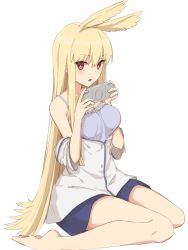 Rule 34 | 1girl, bare shoulders, blonde hair, blue skirt, breasts, collarbone, commentary request, elfenlied22, fate/grand order, fate (series), handheld game console, head wings, highres, holding, holding handheld game console, large breasts, long hair, looking at viewer, off-shoulder shirt, off shoulder, playstation vita, red eyes, shirt, simple background, skirt, smile, thrud (fate), valkyrie (fate), white background, white shirt, wings