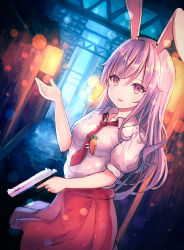 Rule 34 | 1girl, :3, absurdres, animal ears, arm up, carrot, commentary request, dutch angle, gun, handgun, highres, holding, holding gun, holding weapon, lantern, light particles, long hair, looking at viewer, loose necktie, millkoi, necktie, night, open mouth, outdoors, puffy short sleeves, puffy sleeves, purple hair, rabbit ears, red eyes, red necktie, red skirt, reisen udongein inaba, shirt, short sleeves, skirt, solo, tie clip, touhou, very long hair, weapon, white shirt
