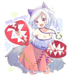 Rule 34 | 1girl, animal ears, blush, breasts, cleavage, collarbone, commentary request, cropped legs, dog ears, dog tail, bear trap, grey hair, large breasts, mitsugashira enoko, multiple tails, open mouth, pink skirt, purple hair, purple shirt, red eyes, shirt, short hair, signature, skirt, smile, solo, tail, tanasuke, touhou
