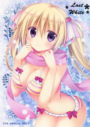 Rule 34 | 1girl, absurdres, bare arms, bare shoulders, bikini, blonde hair, blush, bow, bow bikini, breasts, cabbage soft, cleavage, cowboy shot, food-themed hair ornament, frilled bikini, frills, hair between eyes, hair ornament, hair ribbon, hands up, highres, hoshikoi tinkle, korie riko, large breasts, legs together, long hair, looking at viewer, navel, pink ribbon, purple bikini, purple eyes, purple scarf, ribbon, scan, scarf, smile, solo, standing, strap gap, strawberry hair ornament, striped bikini, striped clothes, swimsuit, twintails