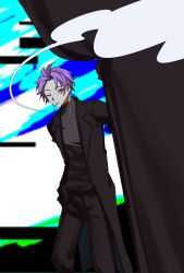 Rule 34 | 1boy, black coat, black gloves, black pants, black sweater, chinese commentary, cigarette, coat, commentary request, curtains, earrings, feet out of frame, gloves, hand on own hip, highres, jewelry, kyoko (akakikyoko), male focus, one eye closed, pants, purple hair, red eyes, saibou shinkyoku, sanpaku, short hair, smoke, smoking, solo, sweater, theodore riddle, turtleneck, turtleneck sweater
