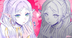 Rule 34 | 2girls, blowing kiss, capelet, colored skin, commentary request, earrings, elf, frieren, frieren blowing a kiss (meme), green eyes, grey skin, heart, highres, jewelry, long hair, looking at viewer, meme, multiple girls, parted lips, pink background, pointy ears, sousou no frieren, spiegel replica, twintails, upper body, white capelet, white hair, yuri kyanon