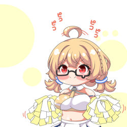 Rule 34 | &gt;:), 1girl, ahoge, ahoge wag, bare shoulders, black-framed eyewear, blonde hair, blue archive, blush stickers, braid, breasts, closed mouth, cosplay, expressive hair, glasses, holding, kotori (blue archive), kotori (cheer squad) (blue archive), kurukurumagical, large breasts, long hair, low twintails, millennium cheerleader outfit (blue archive), motion lines, navel, pleated skirt, pom pom (cheerleading), red eyes, semi-rimless eyewear, skirt, smile, solo, speed lines, twintails, under-rim eyewear, v-shaped eyebrows, white skirt