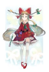 Rule 34 | 1girl, alternate costume, belt, bow, brown eyes, brown hair, character name, dress, english text, full body, gourd, green bow, green neckerchief, hair bow, highres, horn bow, horn ornament, horns, ibuki suika, long hair, long sleeves, looking at viewer, neckerchief, o (crazyoton46), red bow, red dress, red footwear, sailor collar, shoes, solo, star (symbol), thighhighs, touhou, very long hair, white thighhighs