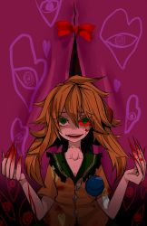 Rule 34 | 1girl, bifrst, blonde hair, blood, blood on face, blood on hands, blood on neck, bow, breasts, cleavage, colored sclera, colored skin, cuts, eyelashes, female focus, fusion, gap (touhou), green eyes, heart, injury, koishi komeiji&#039;s heart-throbbing adventure, komeiji koishi, mismatched sclera, red eyes, red sclera, small breasts, smile, solo, spoilers, teeth, third eye, touhou, white skin, yakumo koishi, yakumo yukari