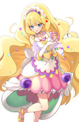 Rule 34 | 1girl, blonde hair, blue eyes, bridal gauntlets, brooch, cure finale, delicious party precure, heart, heart brooch, highres, jewelry, kasai amane, long hair, looking at viewer, magical girl, nail polish, open mouth, precure, rumo, simple background, smile, solo, standing, standing on one leg, tiara, very long hair, white background
