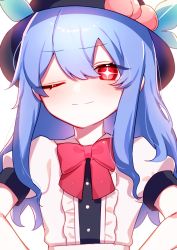 Rule 34 | 1girl, black hat, blue hair, bow, bowtie, buttons, dress shirt, food, frills, fruit, hands on own hips, hat, highres, hinanawi tenshi, leaf, long hair, nemachi, one eye closed, peach, puffy short sleeves, puffy sleeves, red bow, red eyes, shirt, short sleeves, smile, touhou, white background