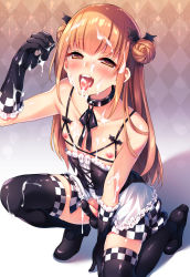 Rule 34 | 1boy, black footwear, black gloves, black thighhighs, blush, brown eyes, brown hair, bulge, checkered clothes, checkered skirt, choker, crossdressing, cum, cum in clothes, cum on body, cum on male, cum through clothes, cumdrip, facial, frills, gloves, handjob gesture, highres, lew, male focus, nipples, on one knee, open mouth, original, ribbon, short hair, skirt, solo, thighhighs, tongue, tongue out, trap, two side up