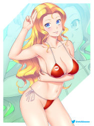 Rule 34 | 1girl, arm under breasts, bikini, blonde hair, blue eyes, breasts, cleavage, crotch, etchimune, large breasts, long hair, looking at viewer, mole, mole on cheek, nail polish, navel, nchans, nchans style, open mouth, red bikini, salute, smile, solo, stachan, swimsuit, twitter username