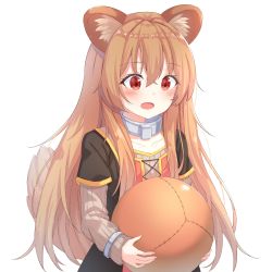 Rule 34 | 1girl, :o, absurdres, animal ear fluff, animal ears, ball, blush, brown hair, collar, collarbone, dress, hair between eyes, happy, highres, holding, holding ball, long hair, long sleeves, looking at viewer, open mouth, raccoon ears, raccoon girl, raccoon tail, raphtalia, red eyes, simple background, sleeves past wrists, solo, tail, tate no yuusha no nariagari, upper body, white background, xue lu