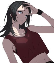 Rule 34 | 1girl, aqua eyes, bang dream!, bang dream! it&#039;s mygo!!!!!, black hair, bracelet, breasts, collarbone, commentary, crop top, crop top overhang, english commentary, hand in own hair, hand up, highres, jewelry, looking at viewer, medium breasts, medium hair, midriff, navel, open mouth, red tank top, sidelocks, simple background, solo, sou (kanade 3344), tank top, upper body, white background, yahata umiri