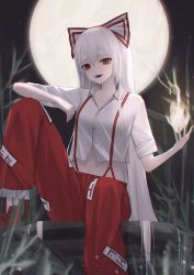 Rule 34 | 1girl, bow, feet out of frame, fire, fujiwara no mokou, hair bow, highres, long hair, looking at viewer, moon, navel, open mouth, pants, red eyes, red footwear, red pants, shirt, shoes, short sleeves, sitting, smile, solo, teeth, thomas 8000, touhou, upper teeth only, very long hair, white hair, white shirt